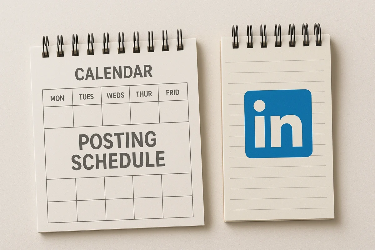 A calendar and notepad symbolizing a weekly posting schedule for LinkedIn.