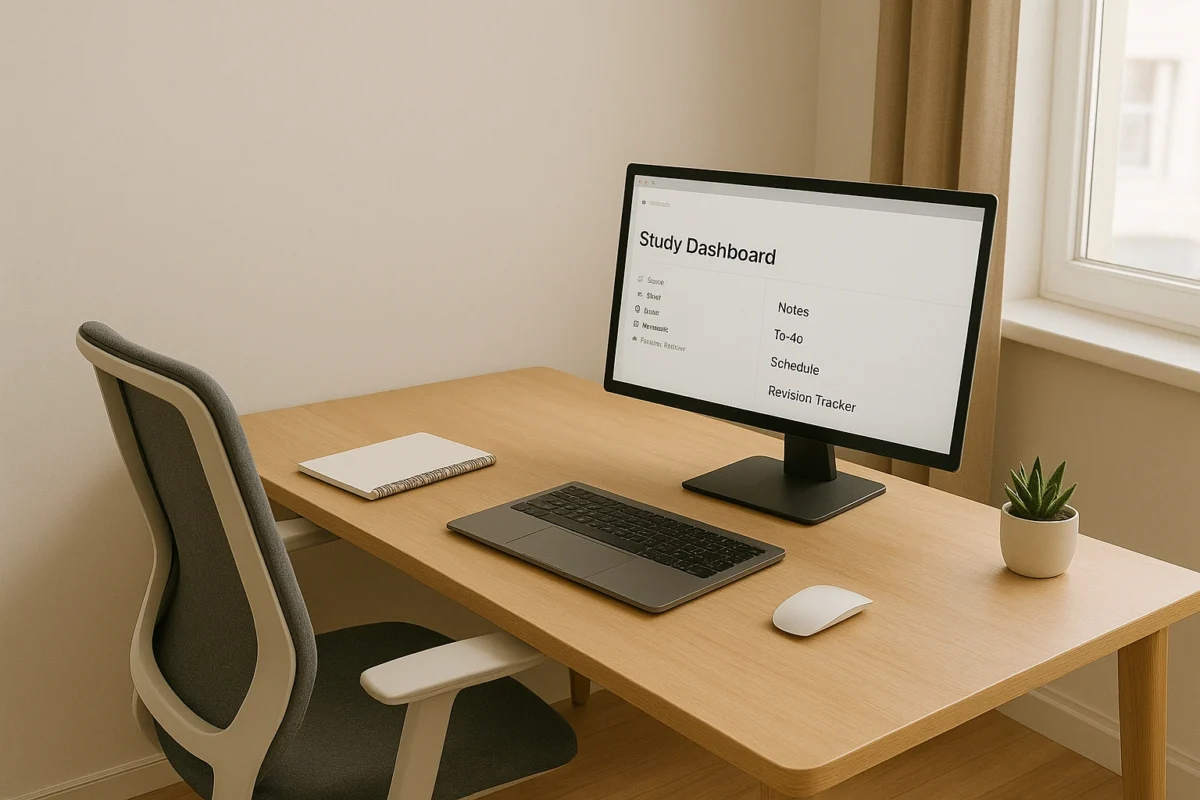A clean and organized remote study setup, showing a well-lit desk, ergonomic chair, and minimal distractions.