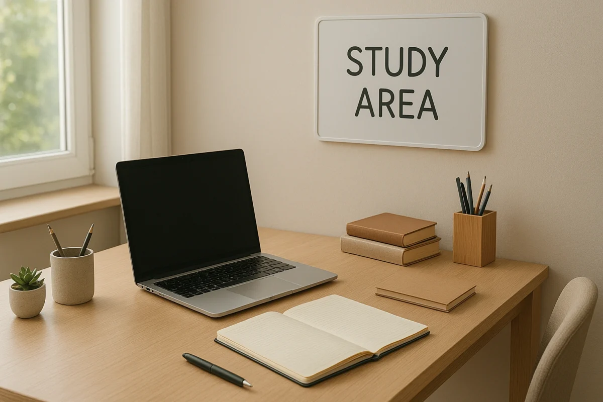 A clean and organized study space with a desk, laptop, notebooks, and stationery, designed for focused remote learning.