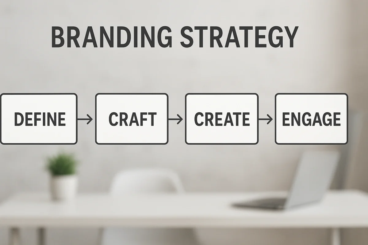 A clear flowchart illustrating the 4 steps of a professional branding strategy—Define, Craft, Create, Engage—with visually distinct sections and arrows connecting each step
