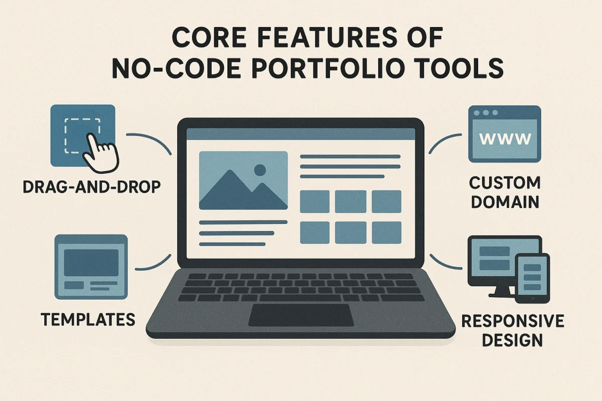 A diagram showing the core features of no-code portfolio tools.