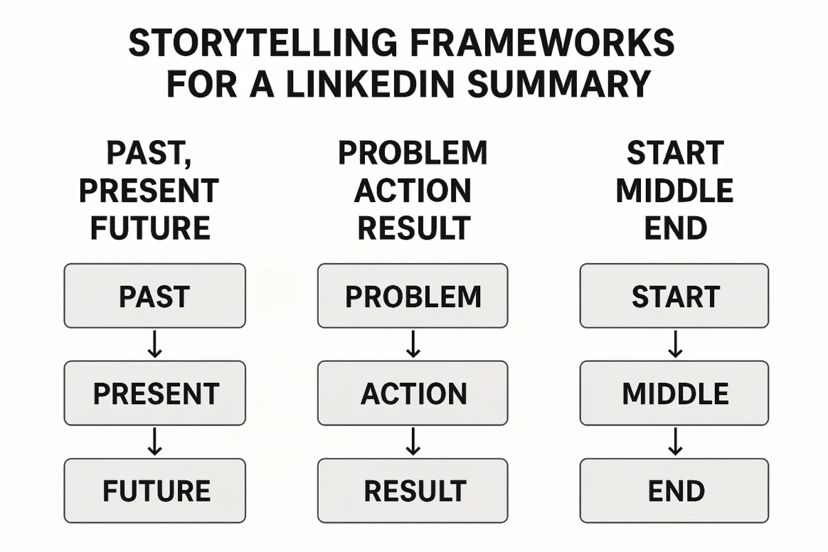 A diagram showing three storytelling frameworks for a LinkedIn about section templates summary.