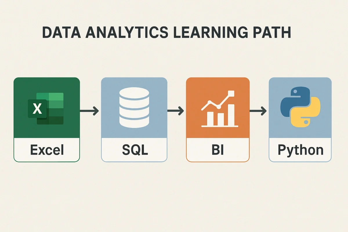 A flowchart illustrating a data analytics learning path online, from Excel to SQL to BI tools and Python.
