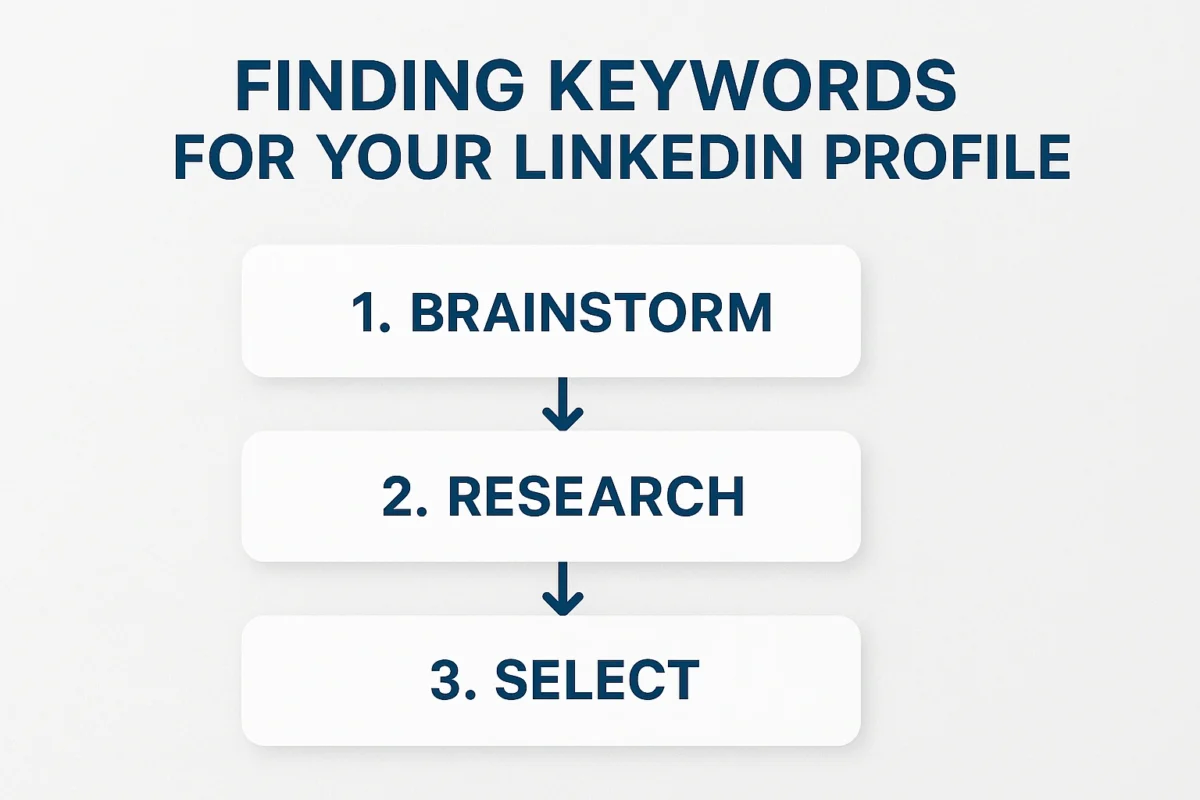 A flowchart showing the three steps to finding keywords for a LinkedIn profile.