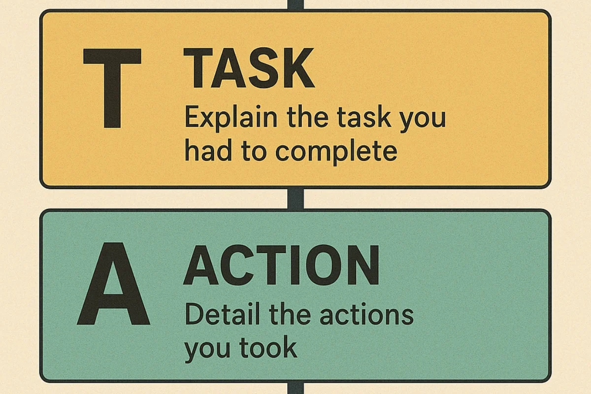 A graphic breaking down the STAR method examples into its four components Situation, Task, Action, and Result.