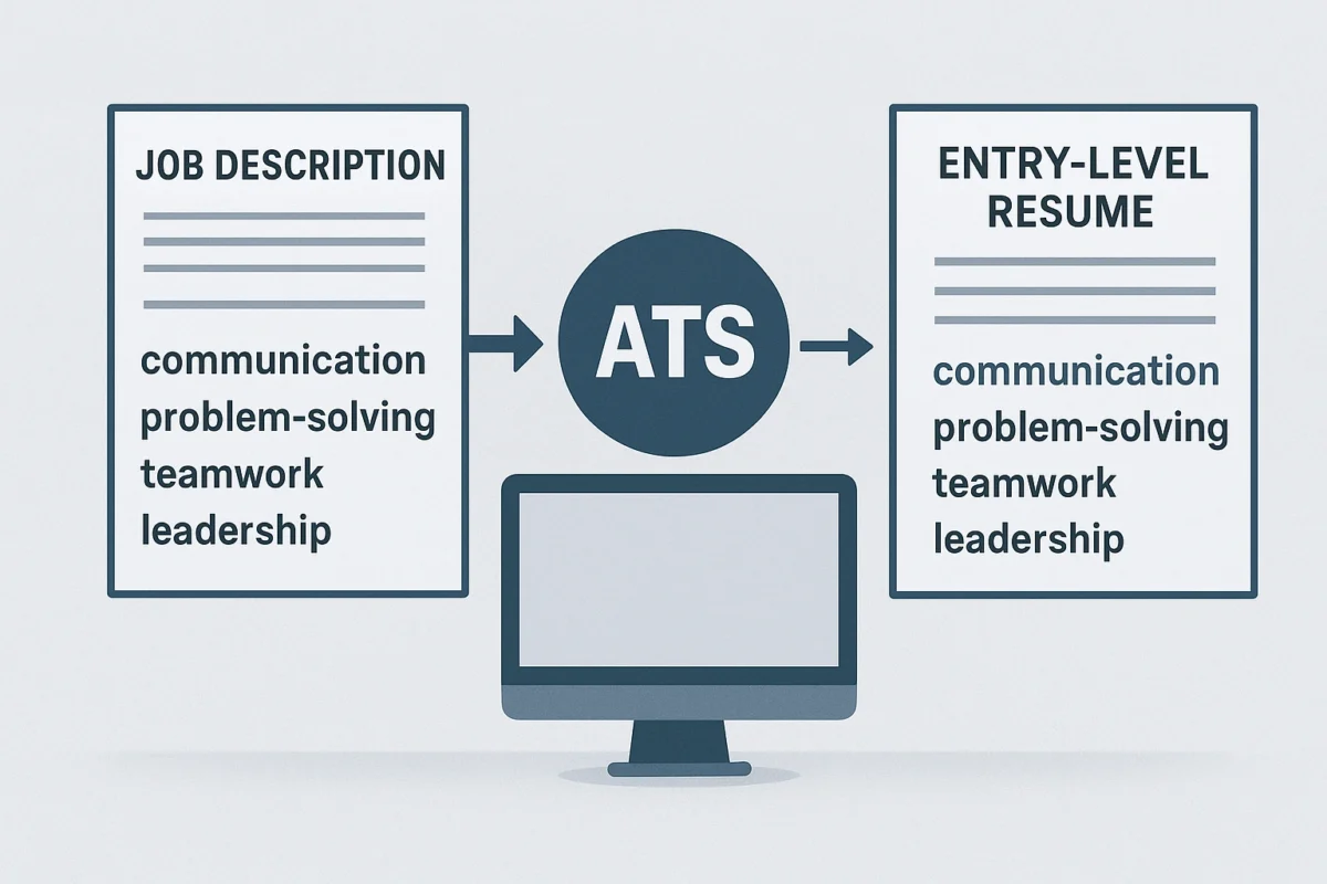 A graphic showing how entry-level resume keywords are extracted from a job description and matched by an ATS.