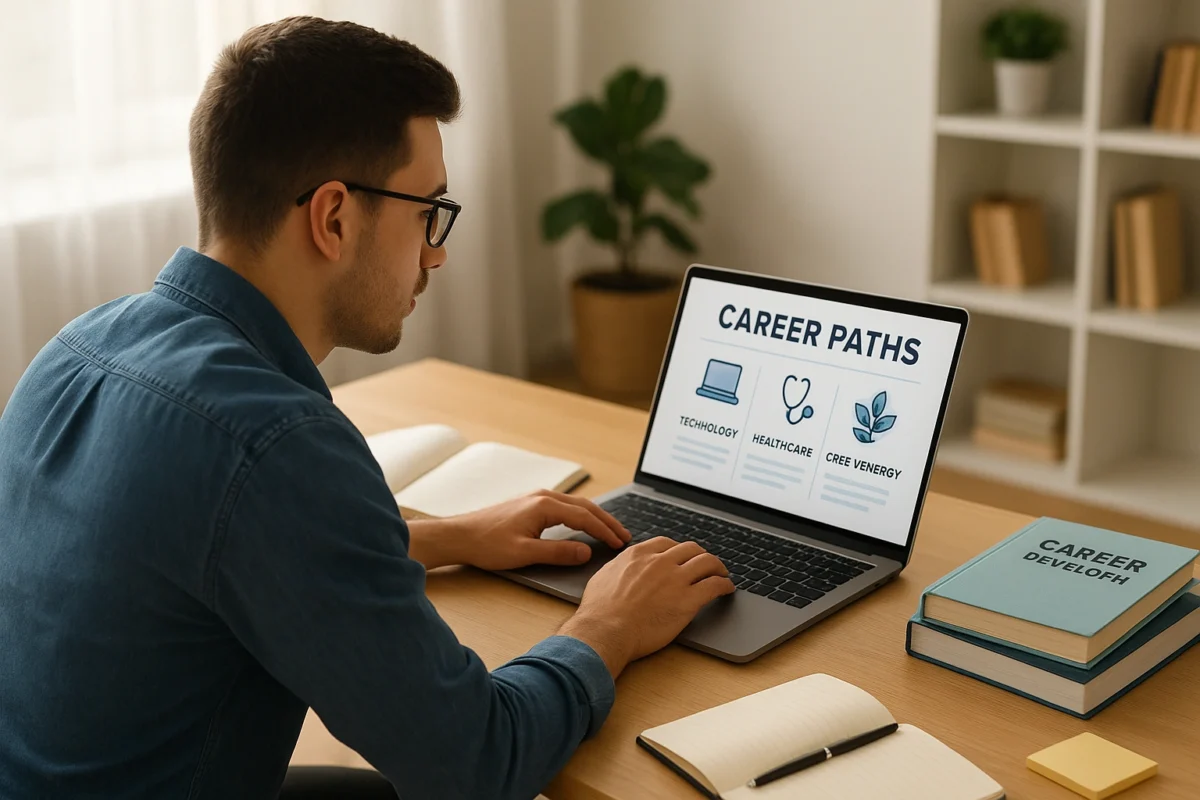 A job seeker sitting at a desk, researching different career paths on a laptop in a modern workspace.