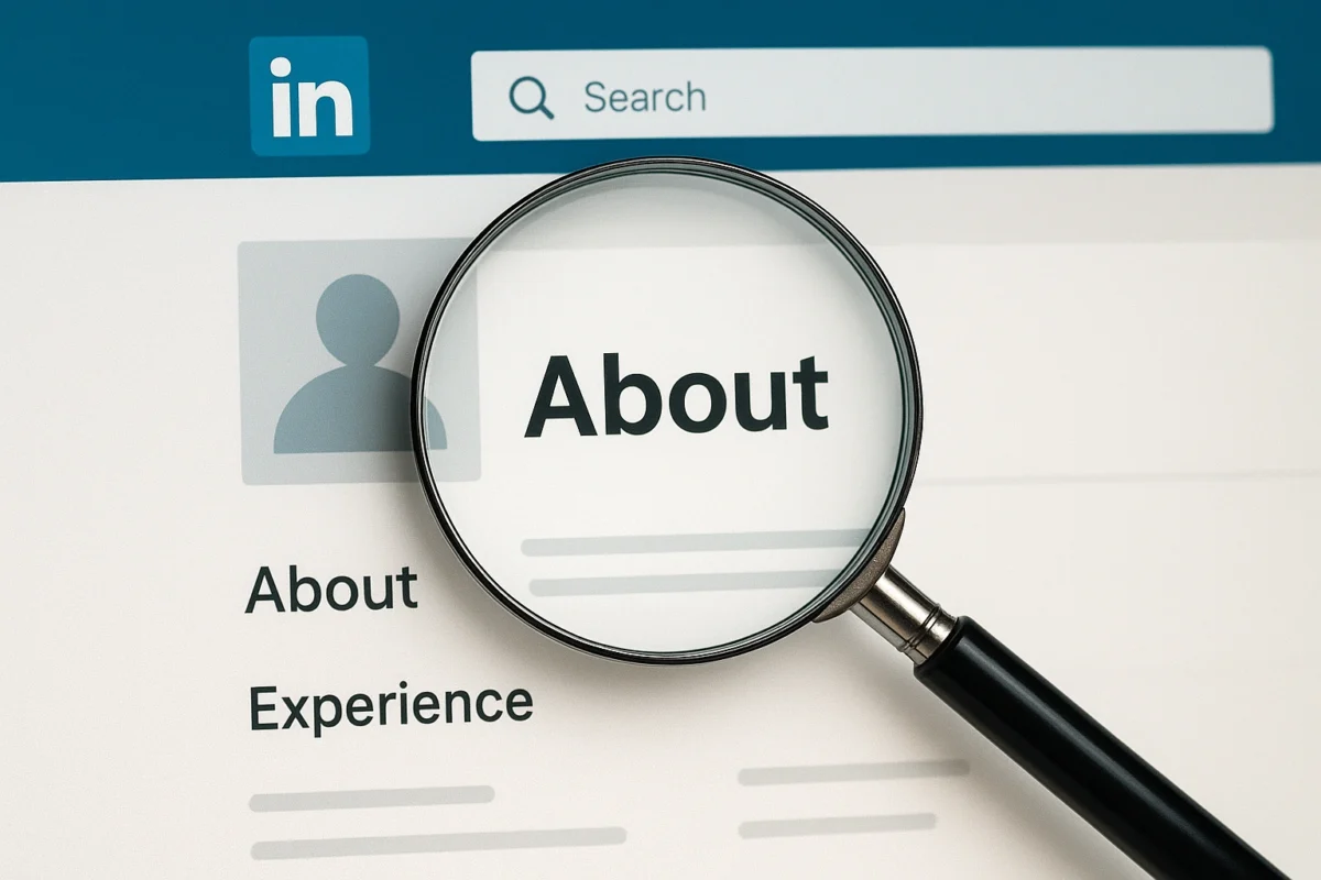 A magnifying glass over a LinkedIn profile, symbolizing keyword search and optimization.