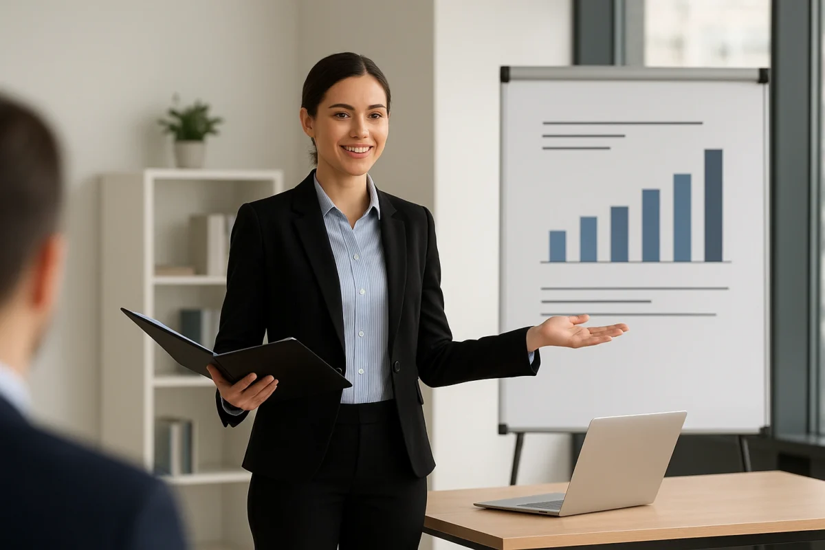 A person confidently giving a portfolio presentation for an interview in a modern office setting.