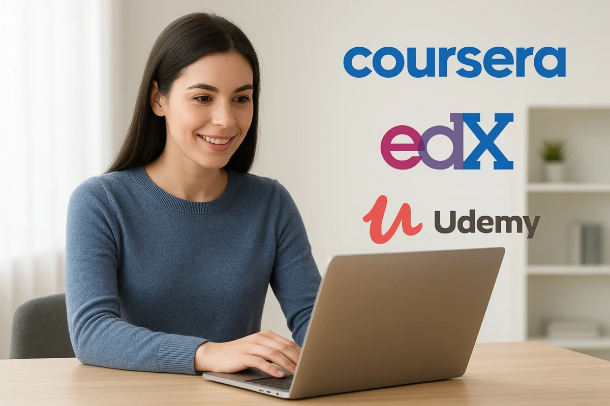 A person learning on a laptop, representing the best online learning platforms like Coursera, edX, and Udemy.