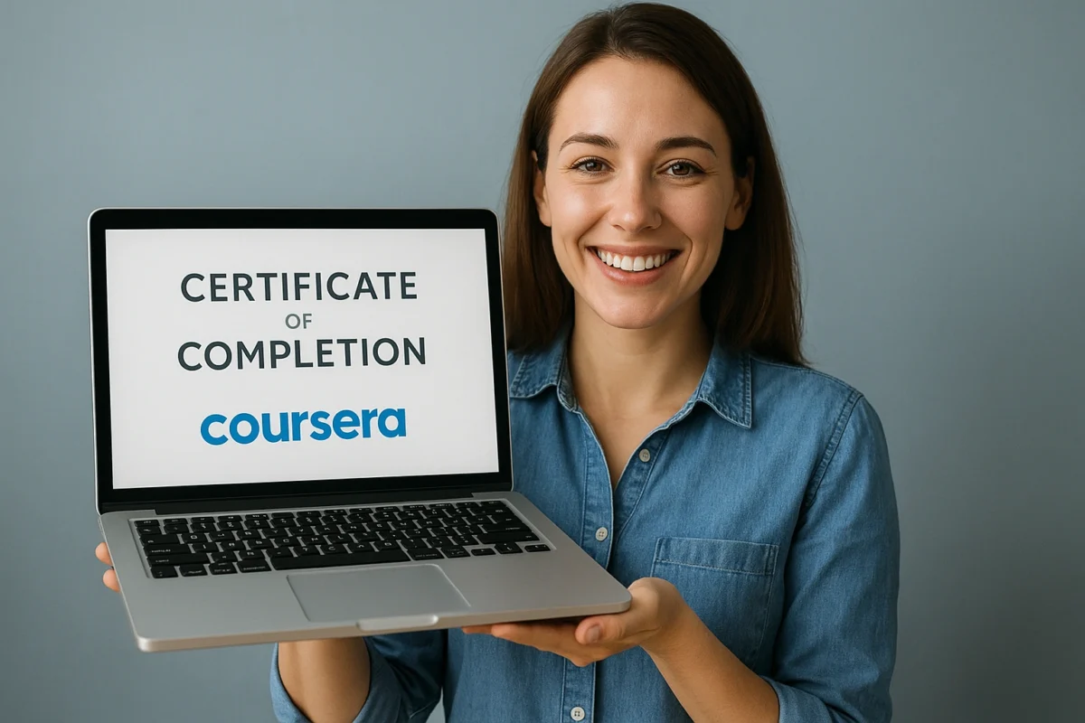 A person proudly displaying one of the best free online certificates on their laptop screen.