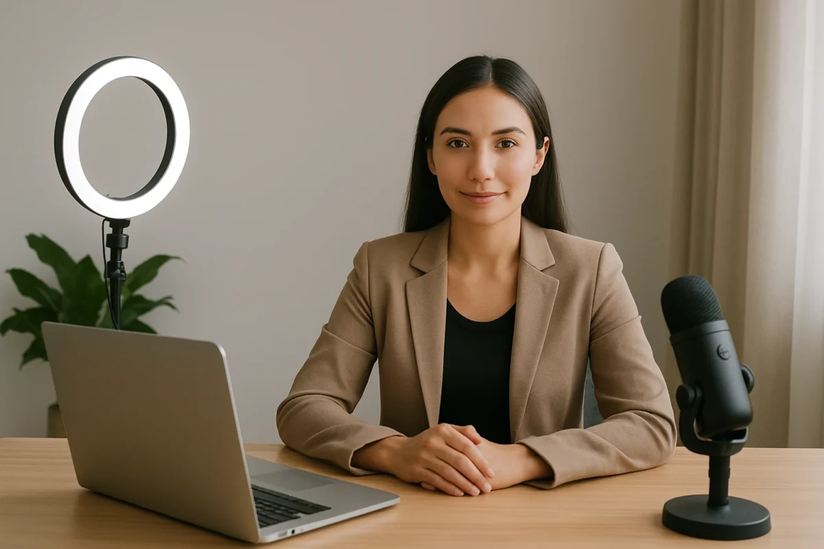 A person sitting at a desk with a professional setup, following key video interview tips for lighting and background.