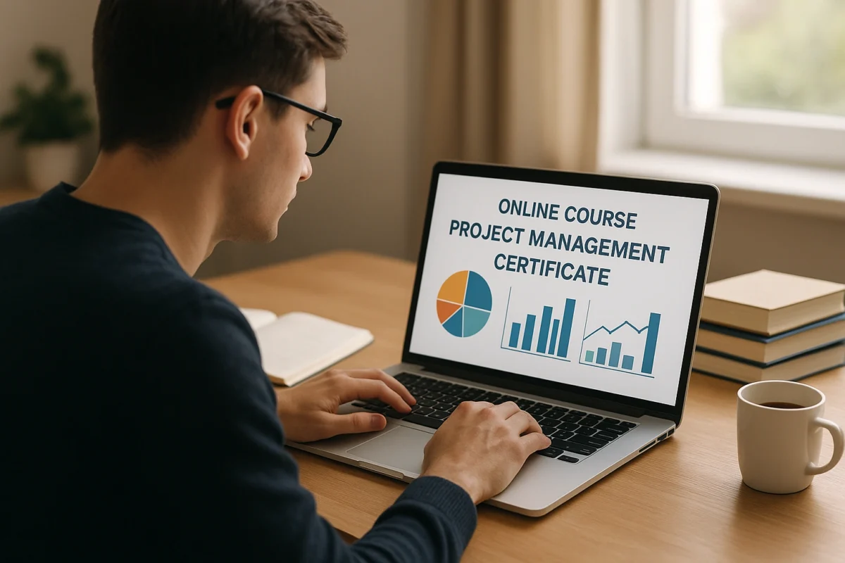 A person studying for a project management certificate online, with charts and graphs on their screen.