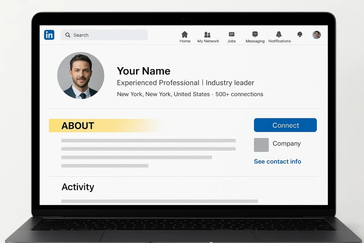 A professional LinkedIn profile with the about section highlighted to show its importance.