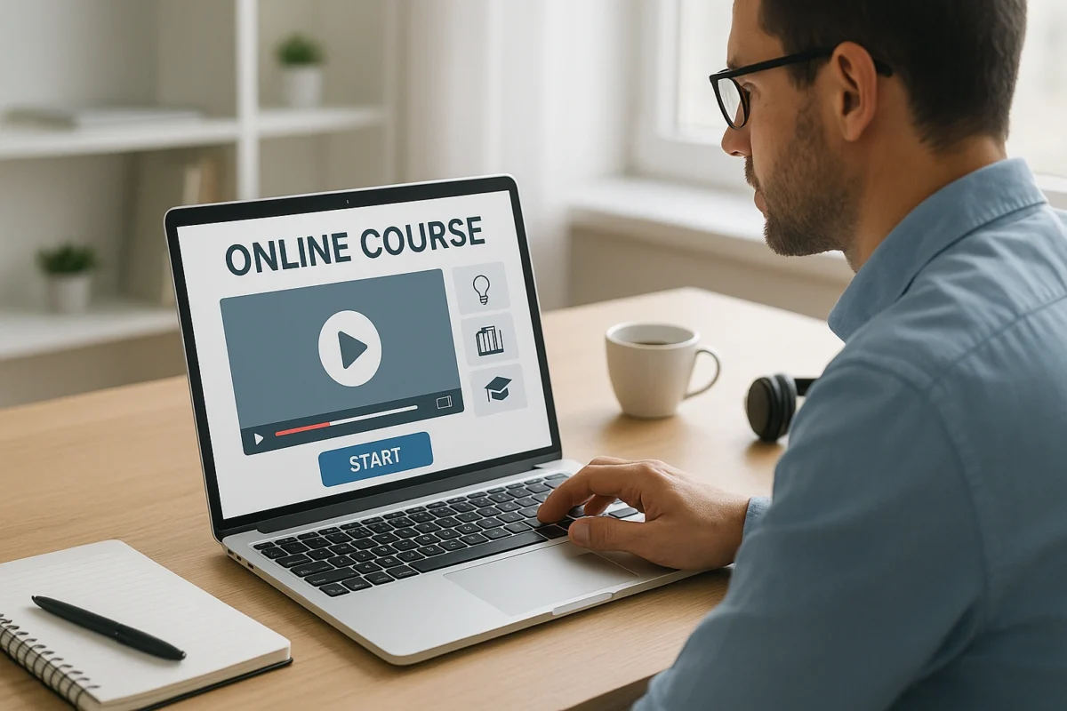 A professional engaged in an interactive online course, actively learning and developing new skills on a laptop.