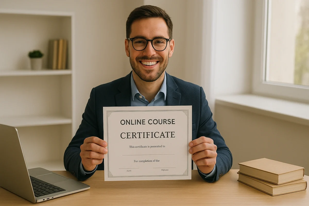 A professional proudly holding an online course certificate, smiling in a modern office setting, symbolizing career advancement and skill development.