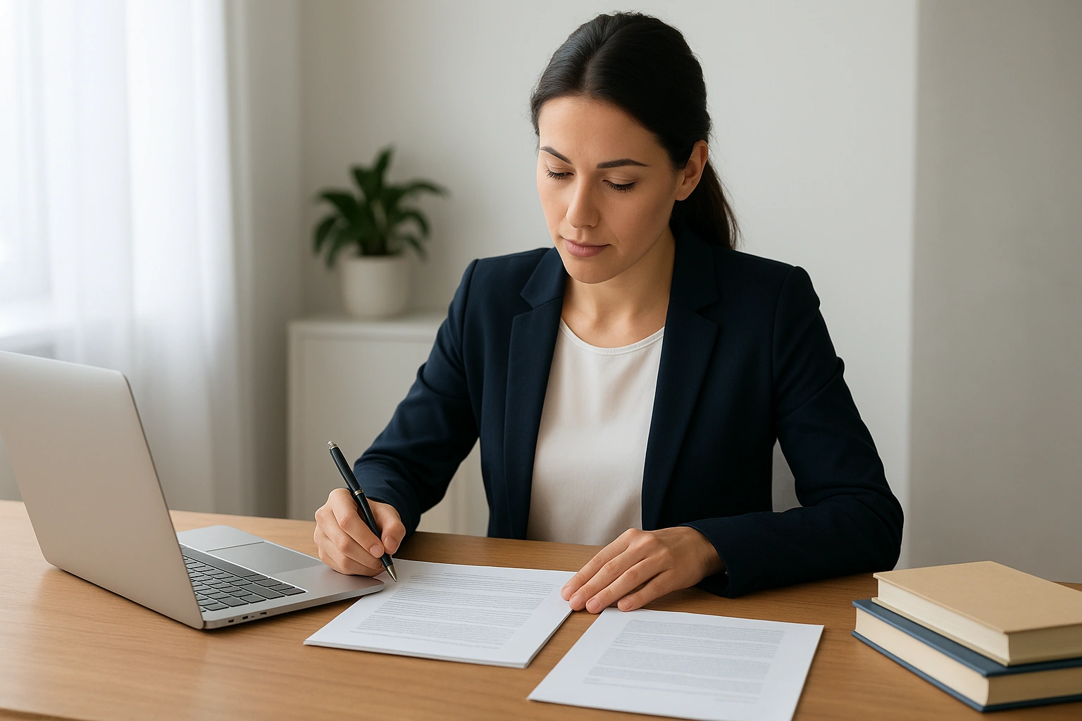 A professional sitting at a desk preparing for a job interview, reviewing notes and practicing key interview tips.