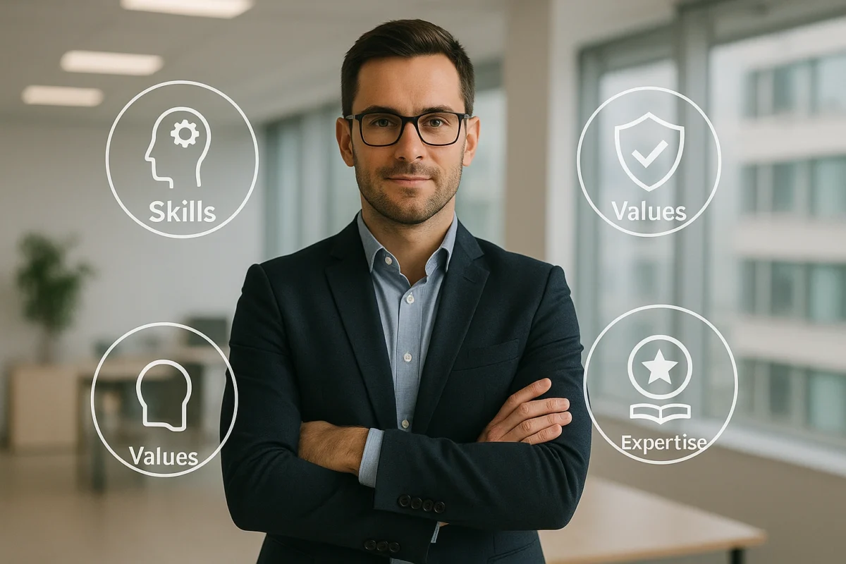 A professional standing confidently with floating icons around them representing skills, values, and strengths, illustrating the concept of personal branding and professional identity