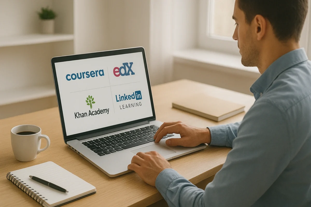A professional using a laptop to browse various e-learning platforms, taking notes, and planning for career advancement in a modern workspace.