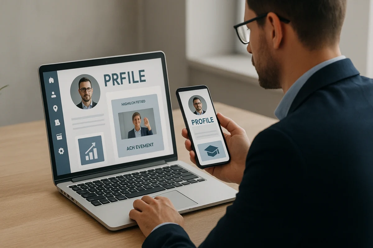 A professional viewing and curating their social media profile on a laptop and smartphone, with highlighted posts and achievements, illustrating personal branding strategies
