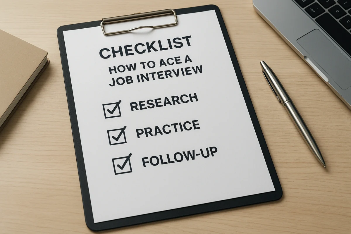 A realistic checklist graphic highlighting the key steps to ace a job interview, including research, practice, and follow-up.