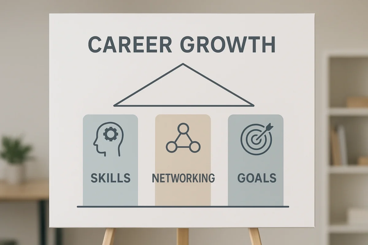 A realistic diagram illustration showing the key pillars of career growth skills, networking, and goals, presented in a clear and professional style.