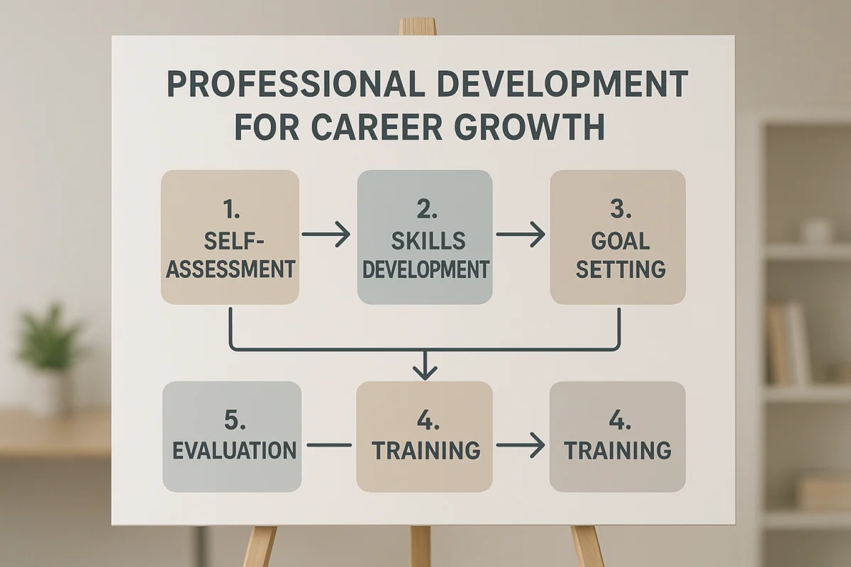 A realistic flowchart illustration showing the 5-step cycle of professional development for career growth, designed in a clear and modern style.