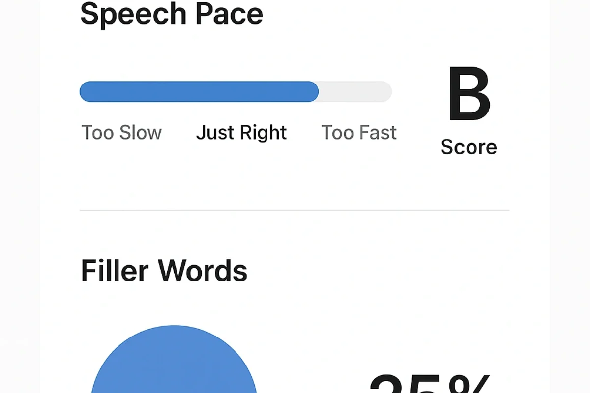 A screenshot of an AI interview practice feedback report generated by mock interview tools, showing metrics for speech pace and filler words.