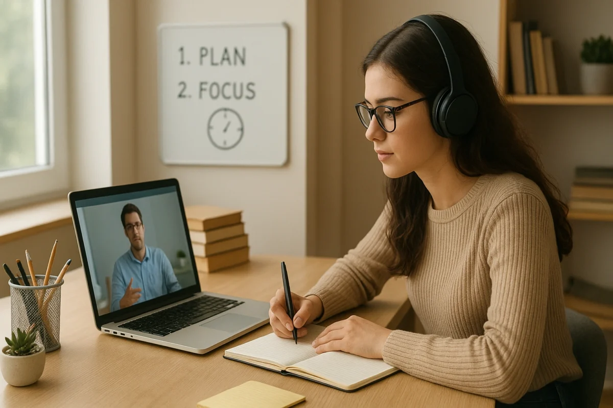 A student focused on remote learning at a tidy desk, using a laptop and notebook, applying productivity strategies and tips for effective study.