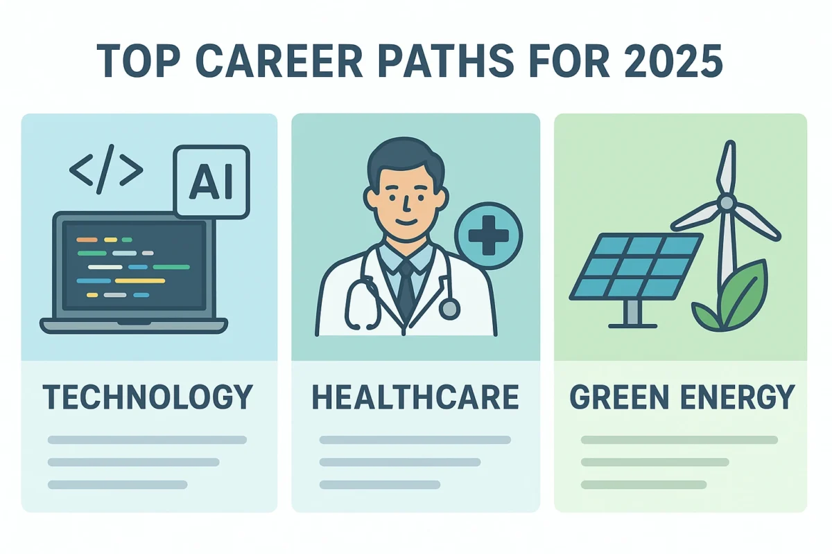 An infographic highlighting the top career paths for 2025, featuring technology, healthcare, and green energy sectors with modern icons and clean design