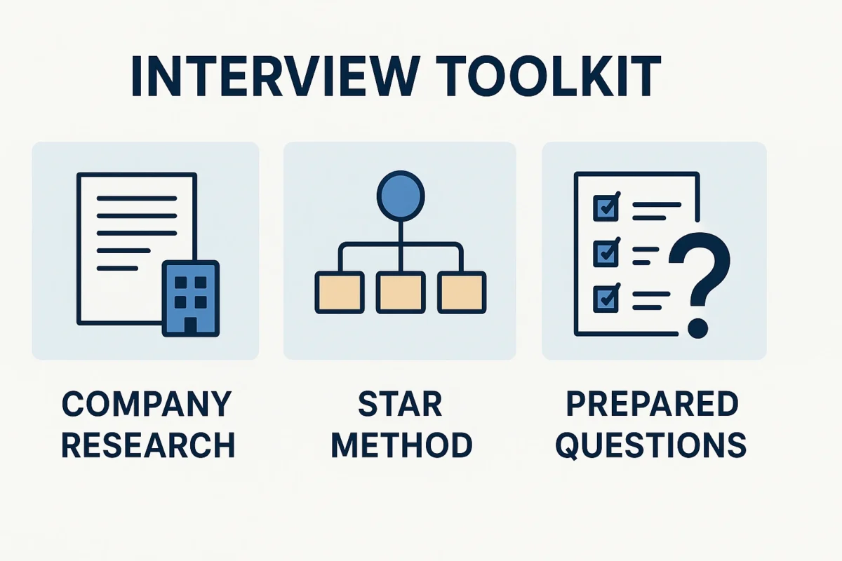 An infographic of an interview toolkit highlighting core components company research, the STAR method, and prepared questions.