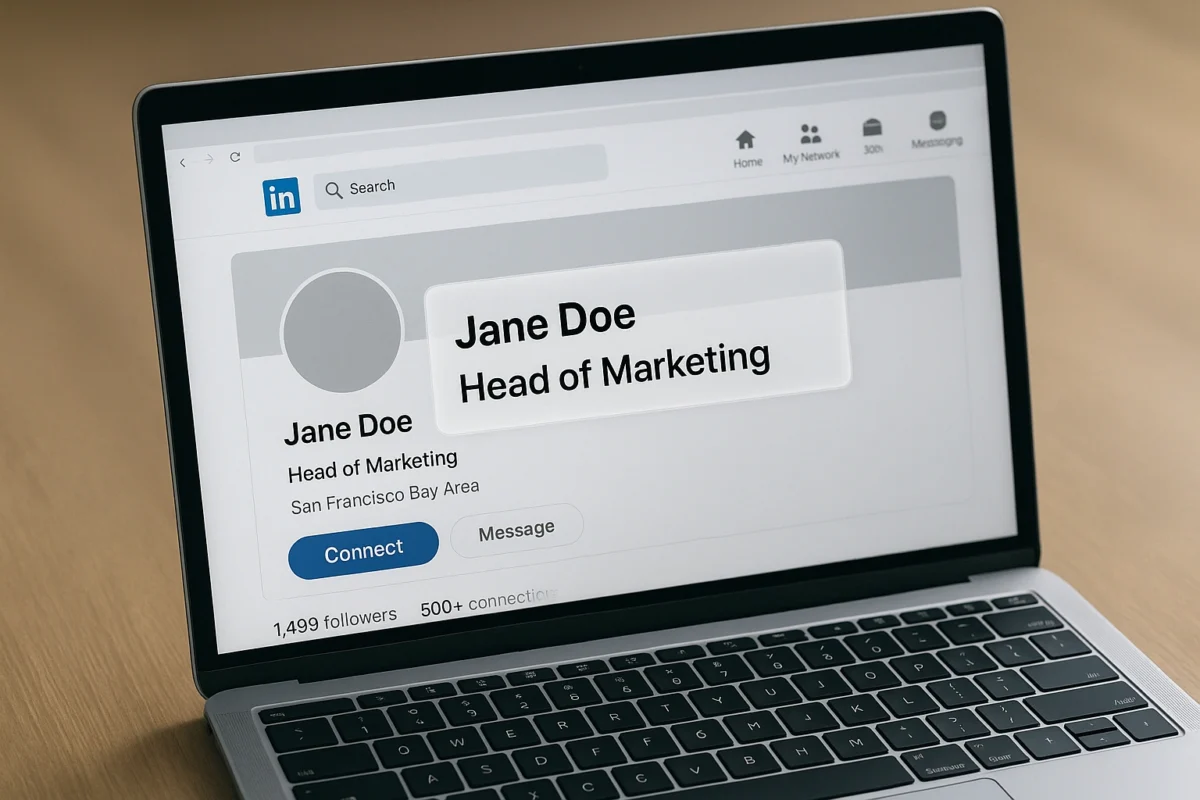 Illustration of a LinkedIn profile on a laptop with the headline section highlighted, symbolizing the importance of strong LinkedIn headlines in 2025.