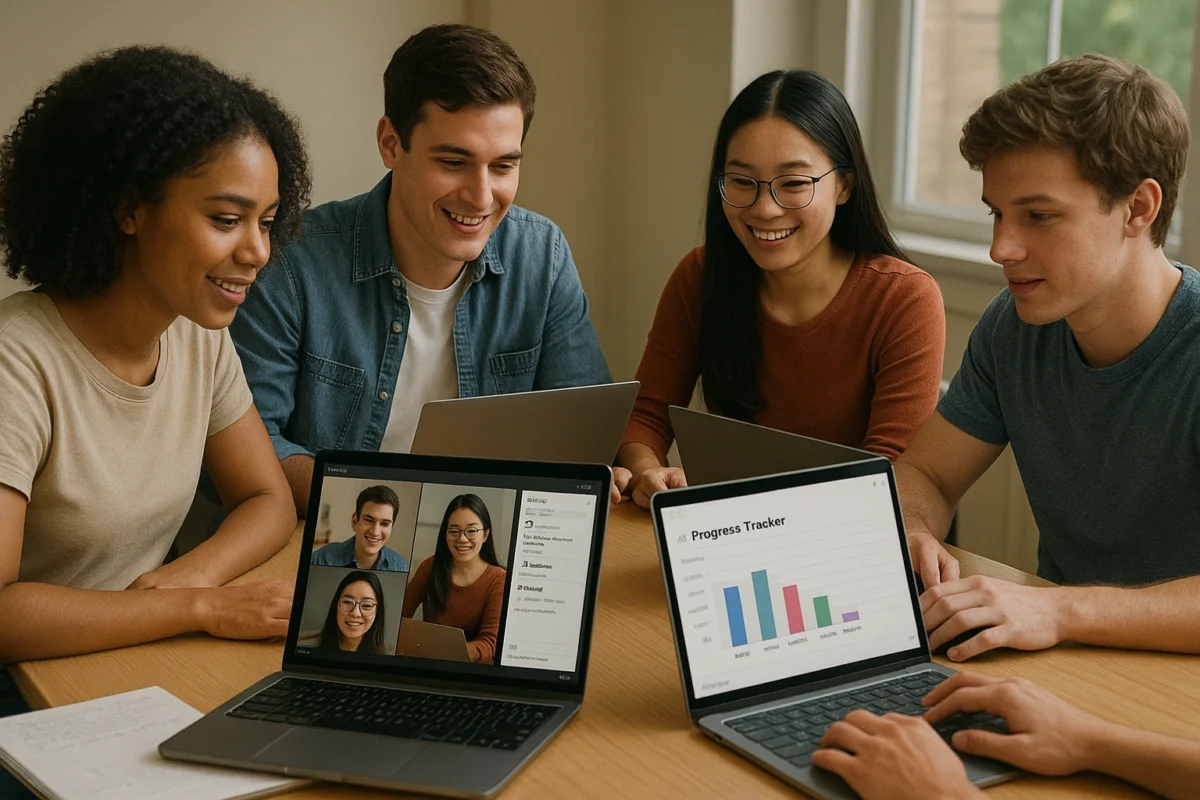 Students collaborating on laptops using online group study tools for a virtual session.