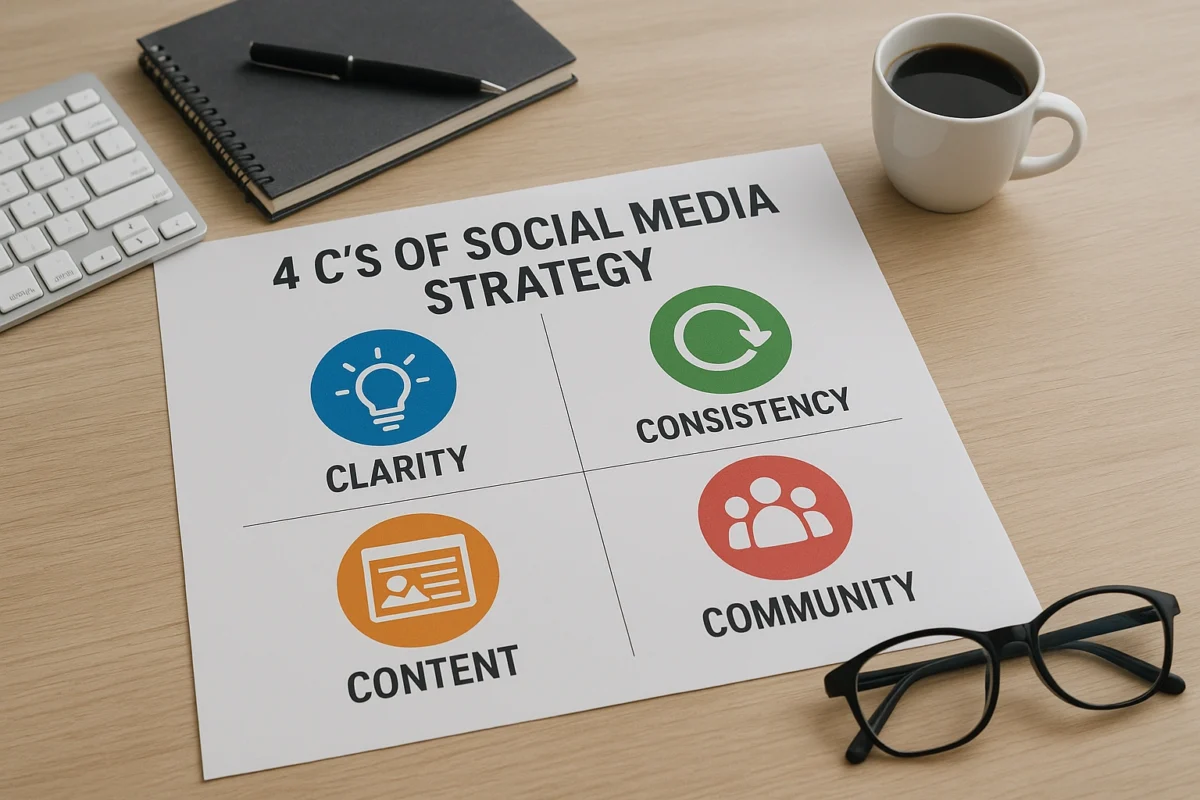 A professional diagram illustrating the 4 C's of a successful social media strategy Clarity, Consistency, Content, and Community.