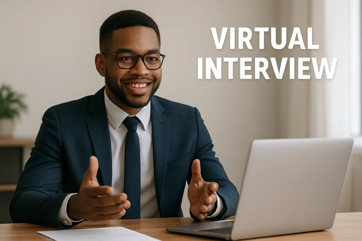 A candidate demonstrating positive body language and eye contact during a virtual interview.