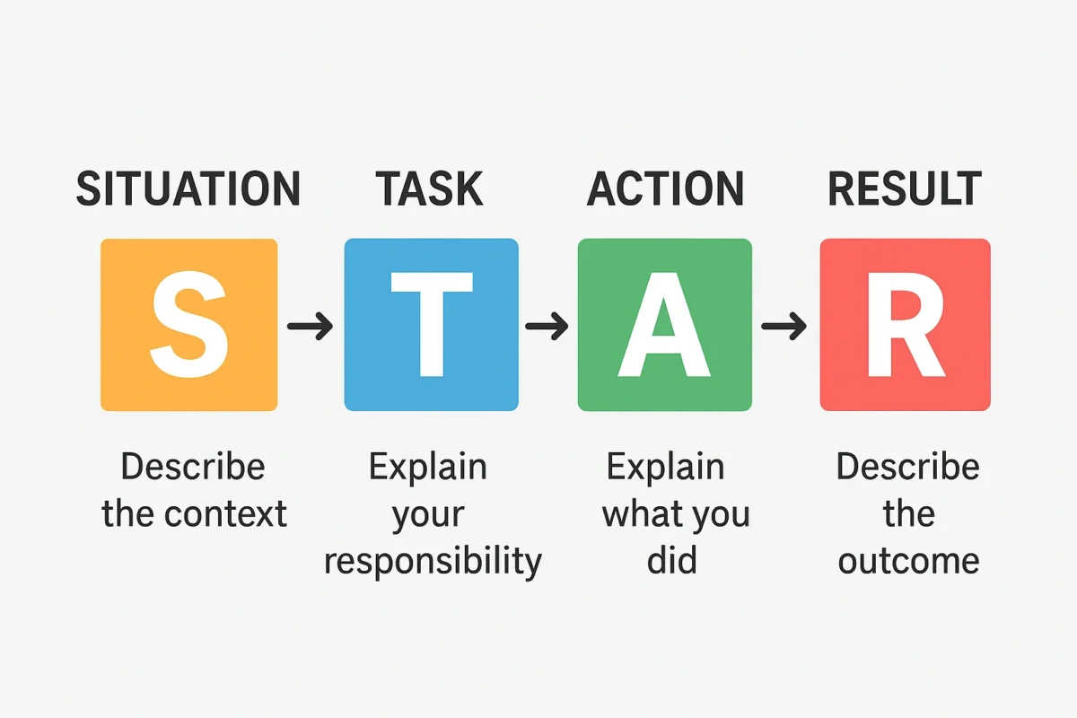 A chart explaining the STAR method for a behavioral interview Situation, Task, Action, Result.