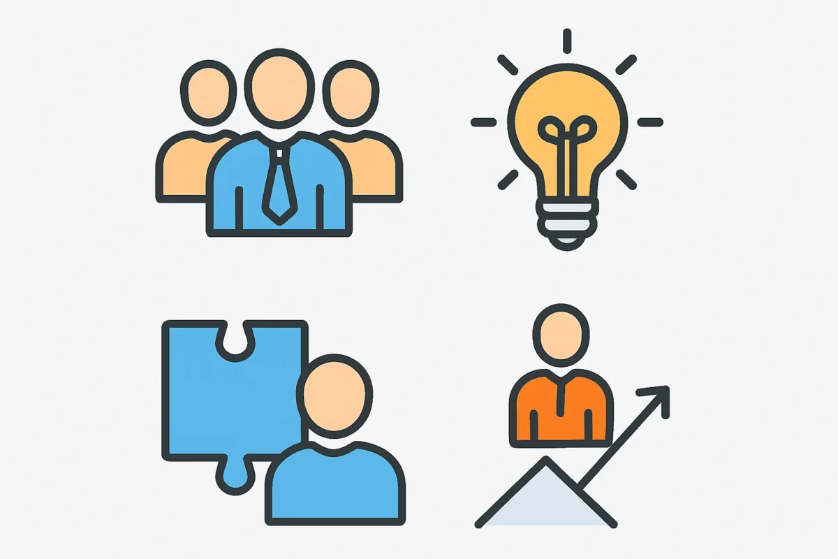 A collage of icons representing teamwork, problem-solving, and leadership for a behavioral interview.
