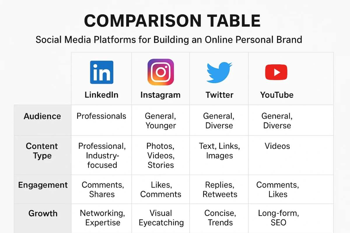 A comparison table of social media platforms for building an online personal brand.