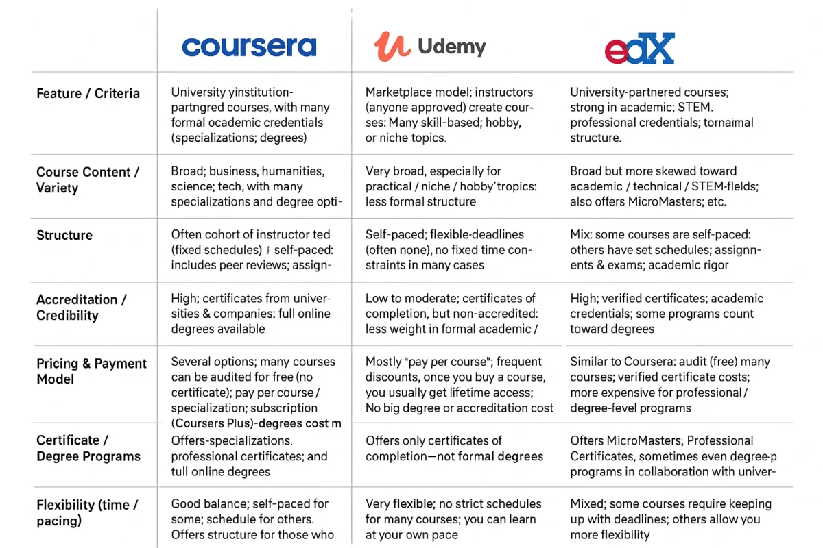 A comparison table of the best online learning platforms like Coursera, Udemy, and edX.