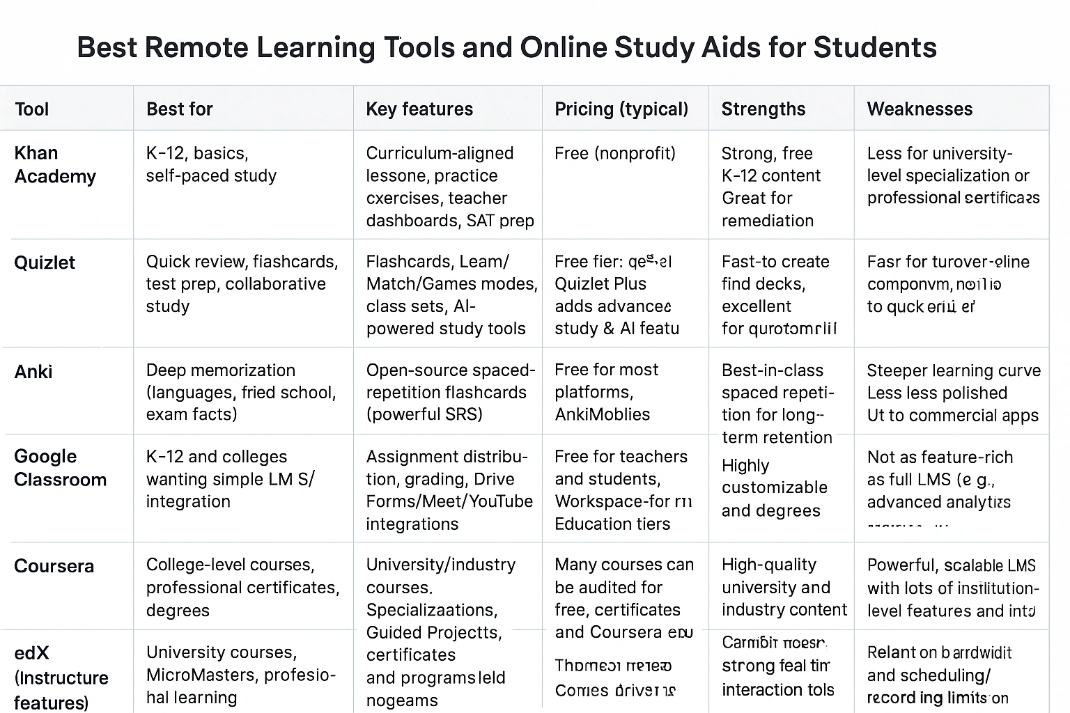 A comparison table of the best remote learning tools and online study aids for students.