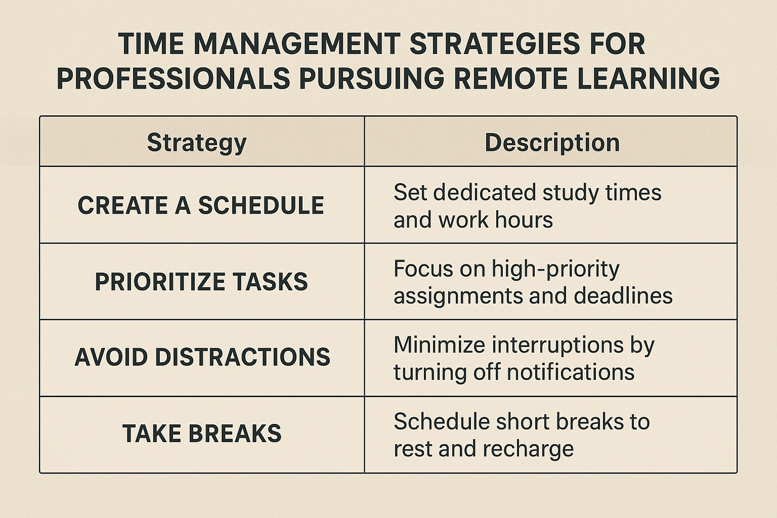 A comparison table of time management strategies for professionals pursuing remote learning remote learning with.