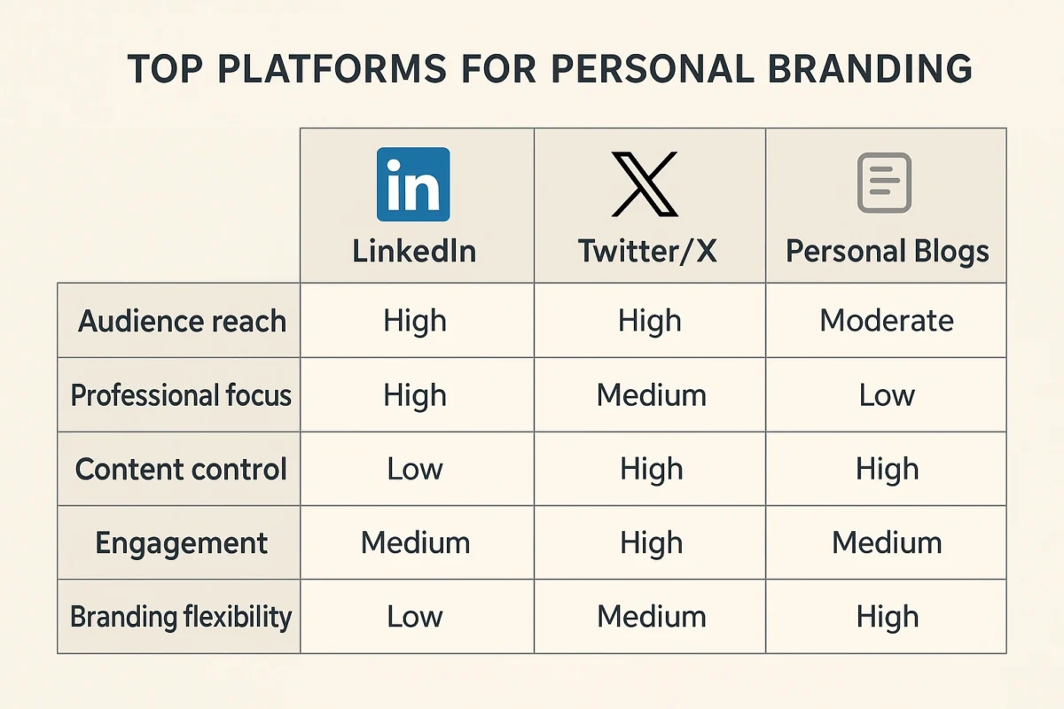A comparison table of top platforms for personal branding, including LinkedIn, TwitterX, and personal blogs. Professional visibility