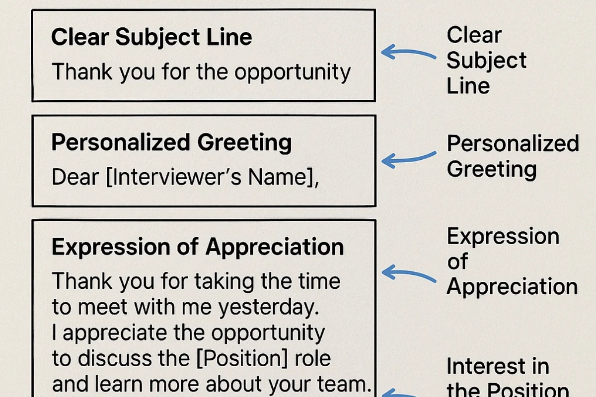 A diagram breaking down the key components of an effective interview follow-up email.