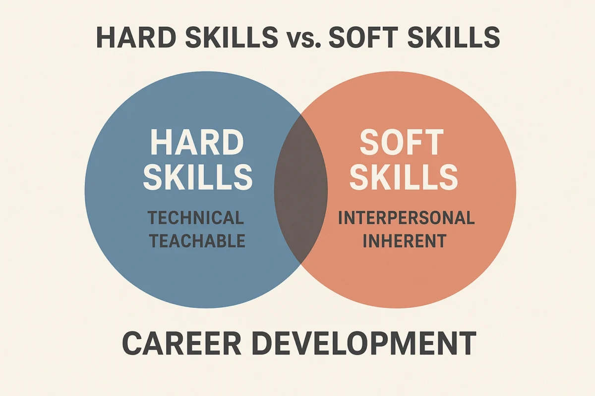 A diagram showing the difference between hard skills (technical, teachable) and soft skills (interpersonal, inherent) for career development.