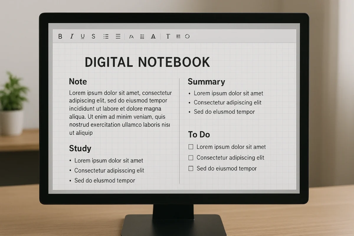 A digital notebook displayed on a computer screen, neatly organized with notes and study sections, serving as an essential tool for remote learning.