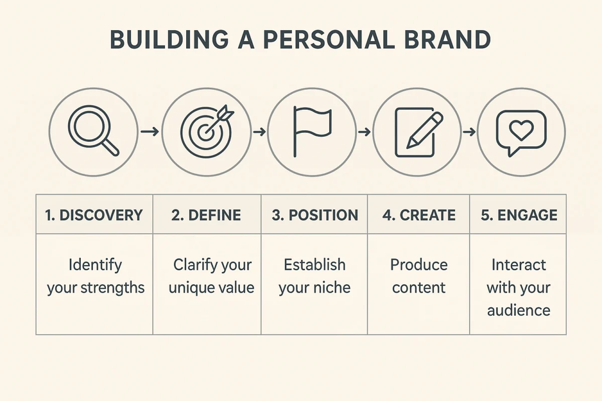 A five-step infographic detailing the process of building a personal brand, from discovery to engagement.
