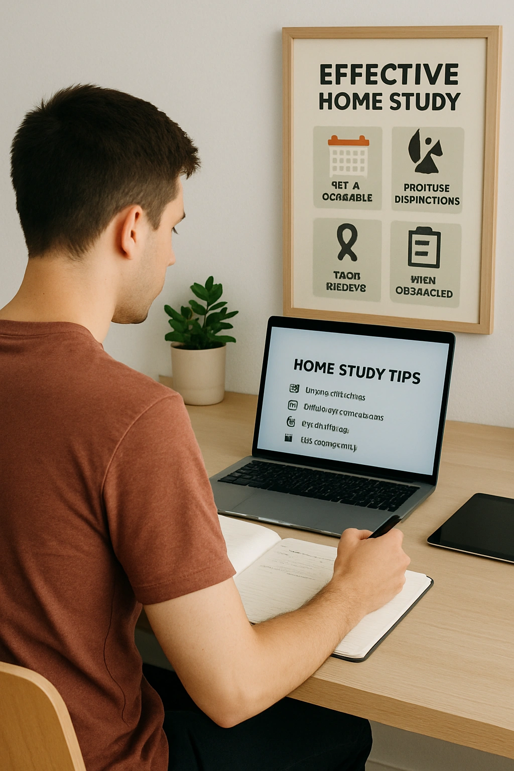 A focused student using effective home study tips at a clean, organized desk to achieve remote learning productivity.