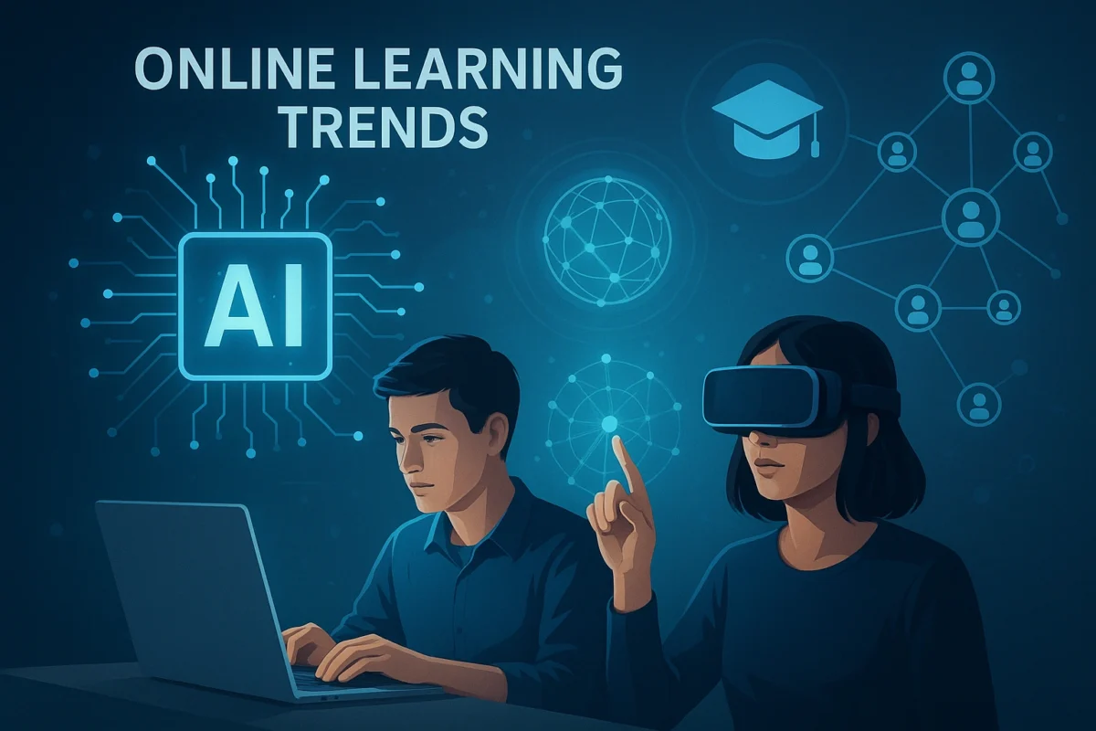 A futuristic graphic illustrating various online learning trends like AI, VR, and collaborative networks.