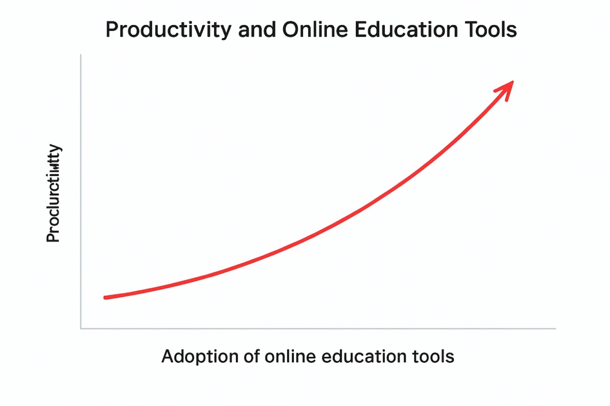 A graph showing a rising trend line for productivity, correlated with the adoption of online education tools.