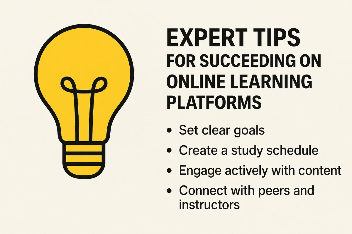 A lightbulb icon next to a list of expert tips for succeeding on online learning platforms.